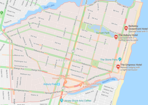 Map of roadways in the City of Asbury Park where someone can be issued a ticket or summons for driving while suspended, reckless driving, speeding, driving without insurance, leaving the scene of an accident and possession of cds in a moto vehicle.