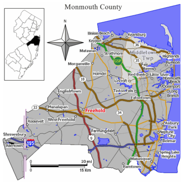 Map of Monmouth County depicting municipalities like Holmdel, Freehold, Red Bank, Tinton Falls, Wall Township, Long Branch, Brielle, Belmar, Manasquan, Sea Bright, Howell, Asbury Park, Eatontown, Neptune and other municipalities where a summons or ticket for a DWI offense may be issued.